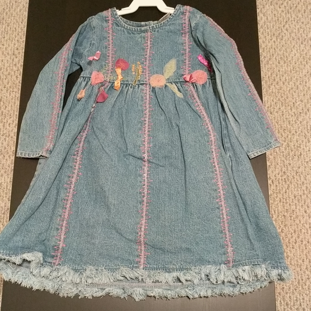 Denim feminine girls dress with ribbon & flowers